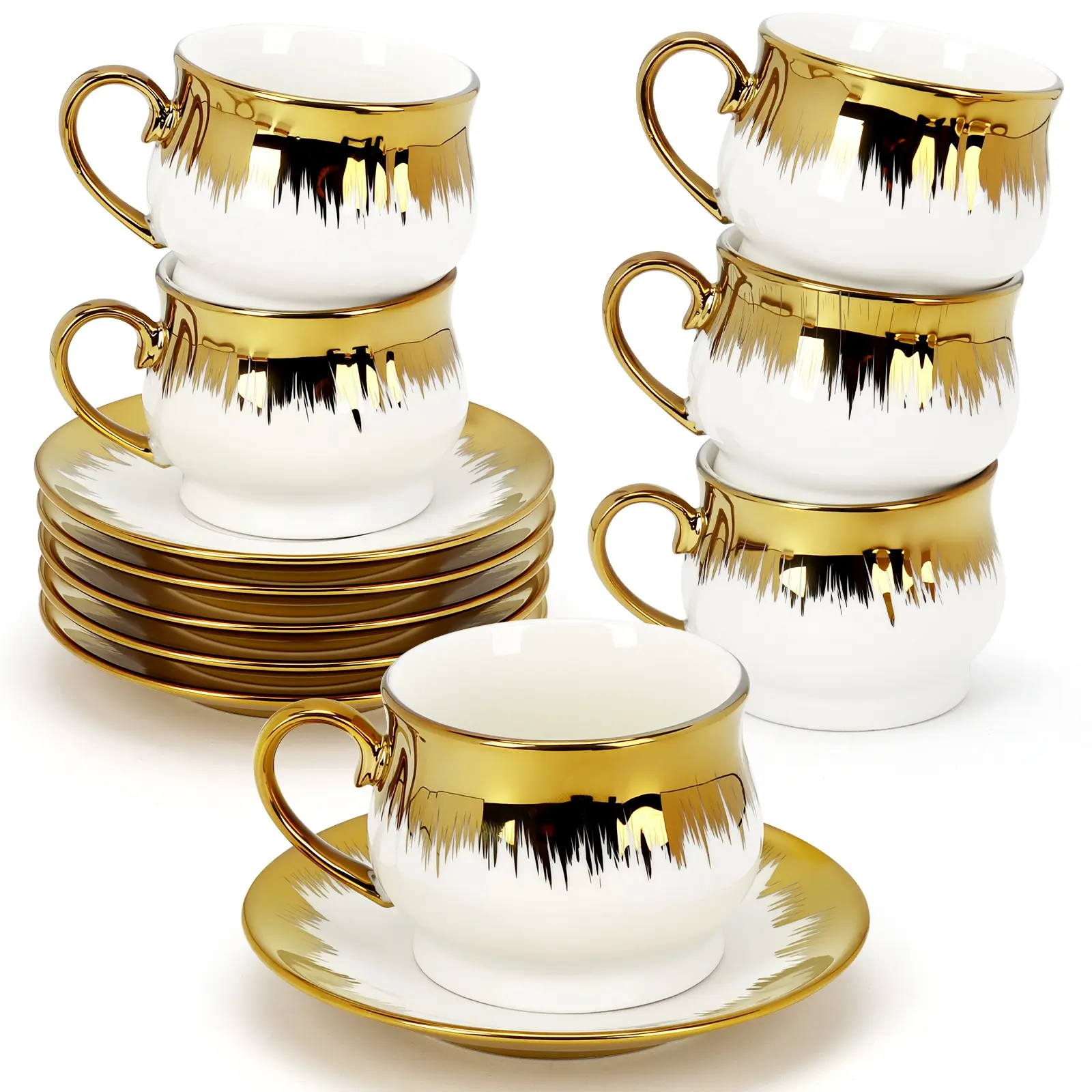 Espresso Cups with Saucers, Ceramic Coffee Cup Set of 6, 3.5 OZ Turkish Coffee Cup Set, Stackable Coffee Cup Gift for Cappuccino, Latte, Cafe Mocha and Tea, Dishwasher & Microwave Safe