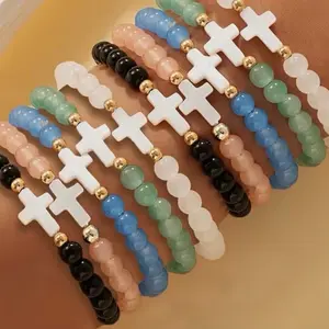 Cross Bead Bracelet Set 1 pc Stretch Glass Beaded Bracelets Christian Jewelry Stack Colorful Elastic Wristbands for Women