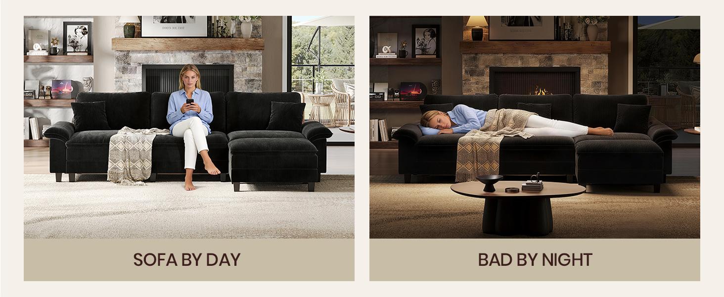 [3 Packages Shipping] 123'' Cloud Modular Couch Sofa, Oversized 3 Seat Comfy Sofa For Living Room, Sectional Couches With Ottoman, Detachable Seat Cushion & Backrest Cover, Chenille Fabric Beige