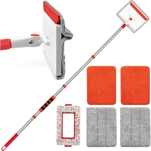 Baseboard Cleaner Tool with Handle, 56 inches Base Boards Cleaning Mop Scrubber, 1 Stiff Bristles Brush, 2 Chenille and 2 Microfiber Pads, Wall Duster for Floorboard Ceiling Window Tile