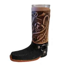 Artesanal Mexican Shot Glass Black Leather Boot Shape Handmade with Unique Design
