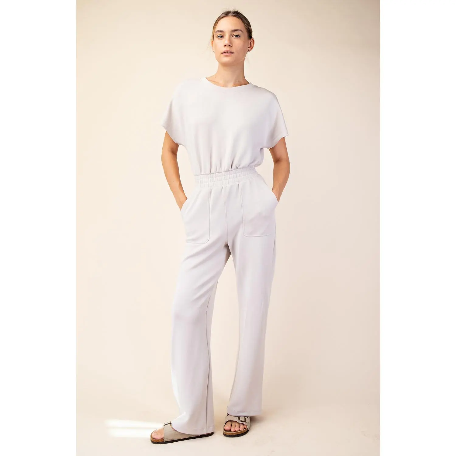 Women's Luxe Bloom Overalls Jumpsuit - Mocha Cream, Lightweight, Elastic, Button-Detailed, Casual Style, Fabric, Pockets, Crew Neck, Open Back, Relaxed Fit, Full-Length, Scuba
