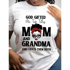 Lady's Comfy Breathable Casual Sports Tee - Women's Short-Sleeve Crew Neck 100% Polyester-Cotton Blend 180gsm Knit Fabric Top, "God Gifted Me 2 Titles Mom and Grandma" Letter Print, All-Season Everyday 1-Piece Shirt