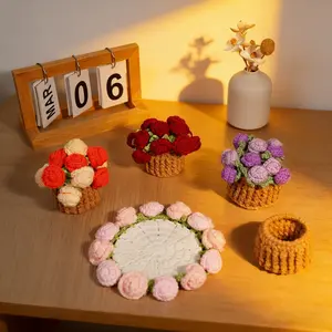 Handmade Crochet Flower Coaster Set – Knitted Flower Bouquet Decor for Home & Gift