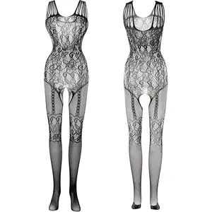 Erotic Crotchless Lingerie Women Full Bodystockings High Fishnet Sexy Hosiery Lace Floral Pantyhose Translucent Mesh Long Tights Womenswear Bra