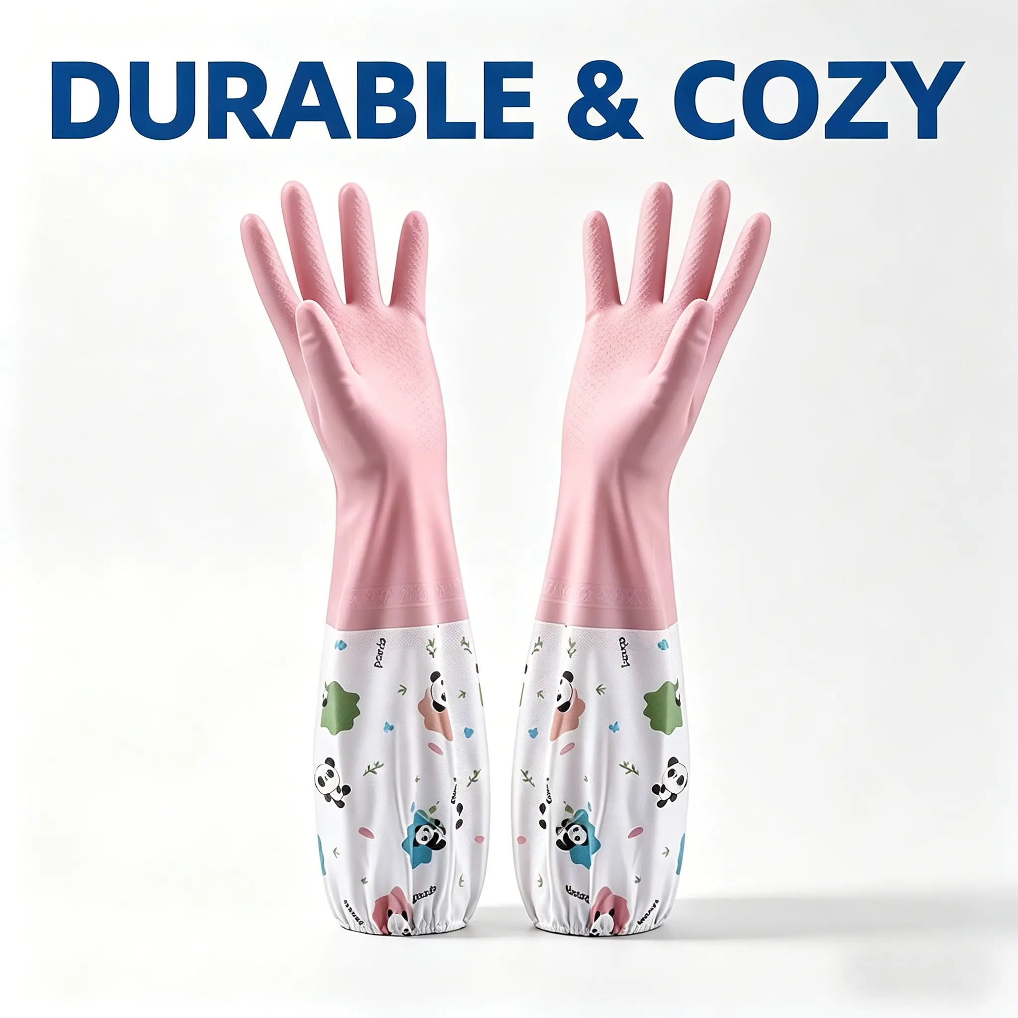 PVC Thickened Waterproof Durable Cleaning Gloves - Cozy Pink Banded Panda with Velvet Style, 1 Pair, Heat-Resistant Home Care Supplies for Kitchen, Bathroom