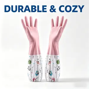 PVC Thickened Waterproof Durable Cleaning Gloves - Cozy Pink Banded Panda Velvet Style, 1 Pair, Multi-Use for Kitchen, Bathroom Home Care Supplies