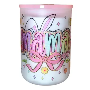 Mama Easter 17oz Frosted Glass Mug With Pink Lid and Reusable Straw