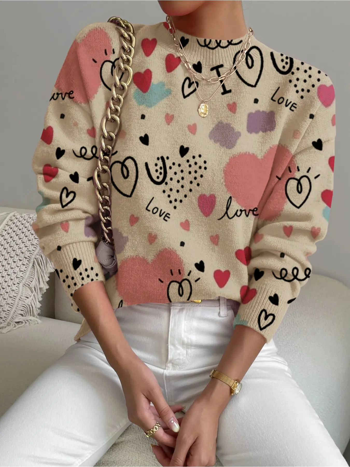 Women's Letter Print Stand Collar Fitted Lightweight Knit Sweater, Casual Chic Jumper, Casual Long Sleeve Knitwear for Fall Winter, Comfortable Warm Daily Wear Womenswear