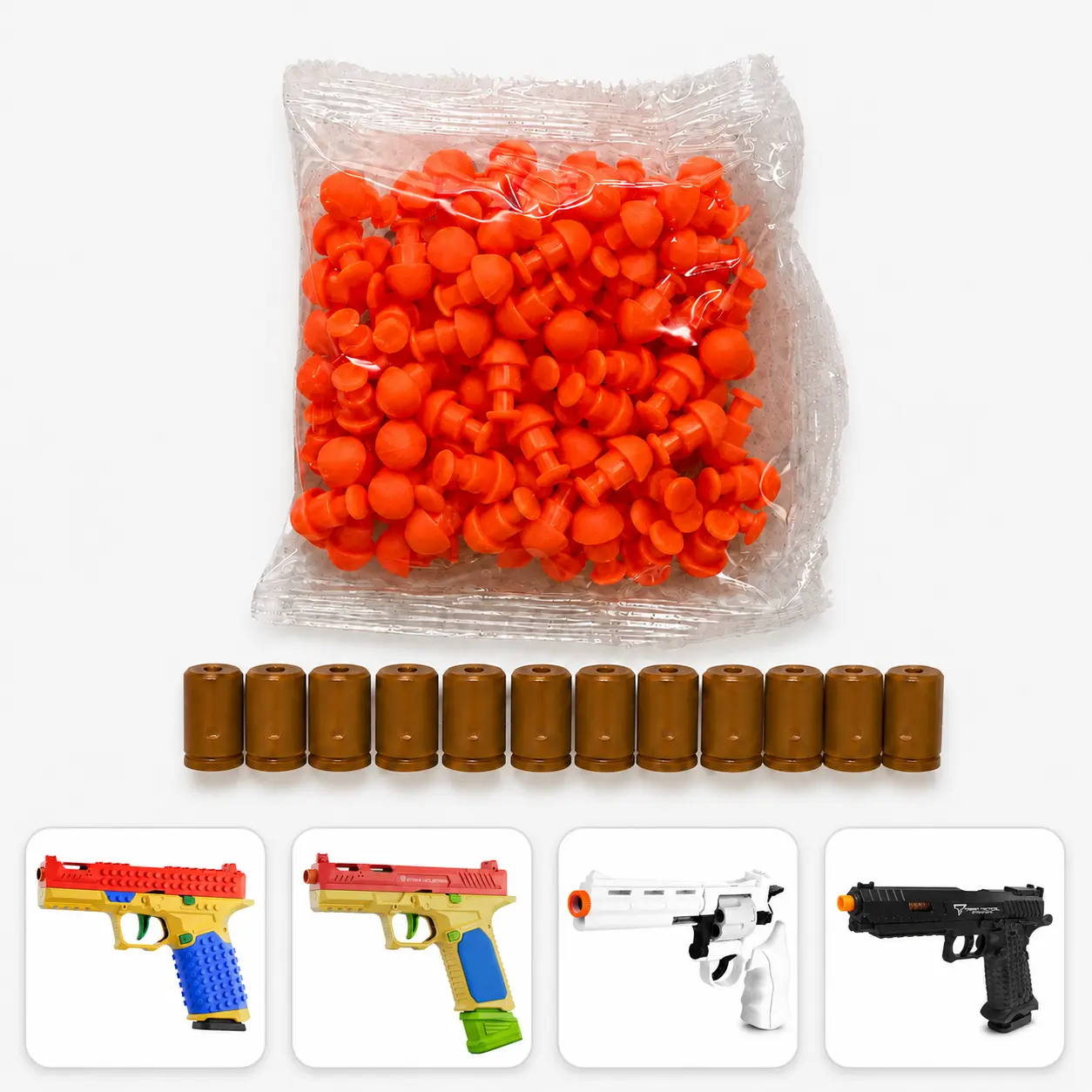 Soft Plastic Toy Accessory Refill Kit (12+ Years, Latex-Free) for Children Development, 100 Orange Rounded Tips, 12 Reusable Brown Plastic Shell Parts, Compatible with Select Toy Models