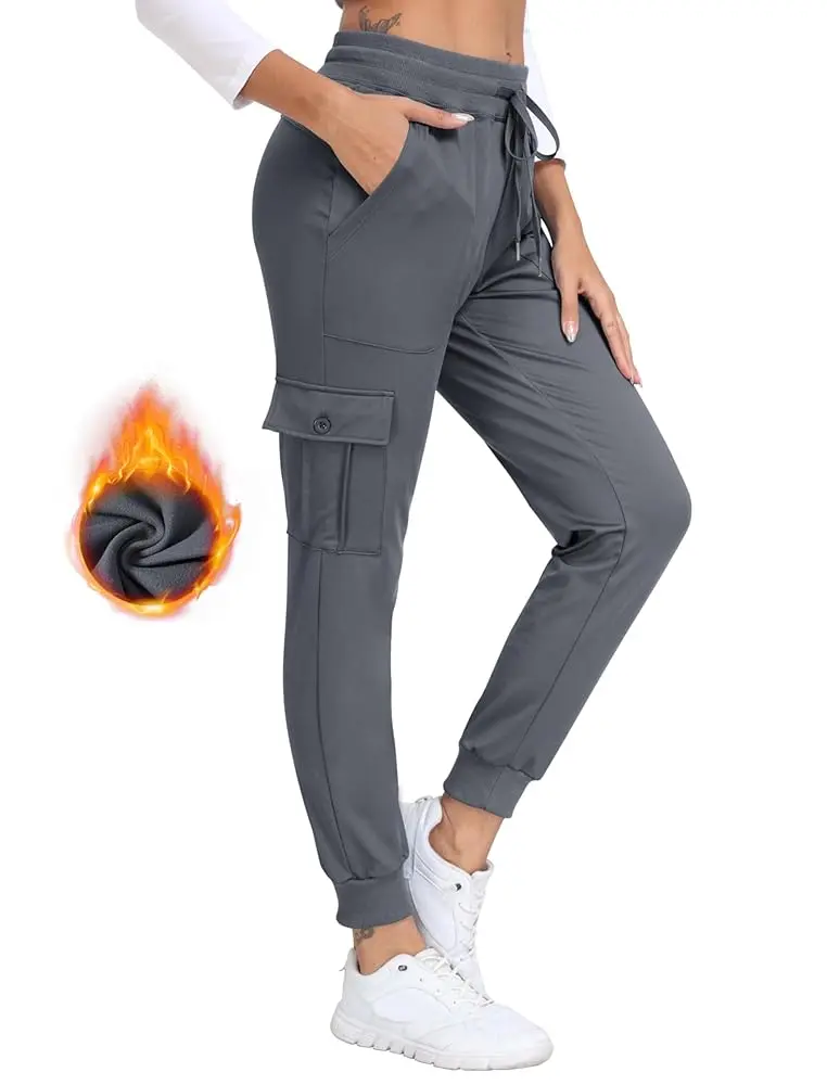 MoFiz Women's Heavyweight Polar Fleece Cargo Style Elastic Drawstring Joggers, High Waisted Thermal Outdoor Hiking Pants with Pockets, Heavyweight Fleece Joggers