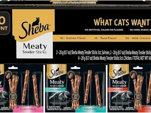 Sheba Meaty Tender Sticks Soft Cat Treats – 40 Count with Chicken, Tuna, and Salmon Flavors, 0.14 oz Each