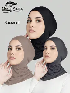 Women's Fashion Solid Color Turban Hijab Set, Elastic Chin Strap Cap, Versatile Simple Muslim Headscarf, Daily Wear