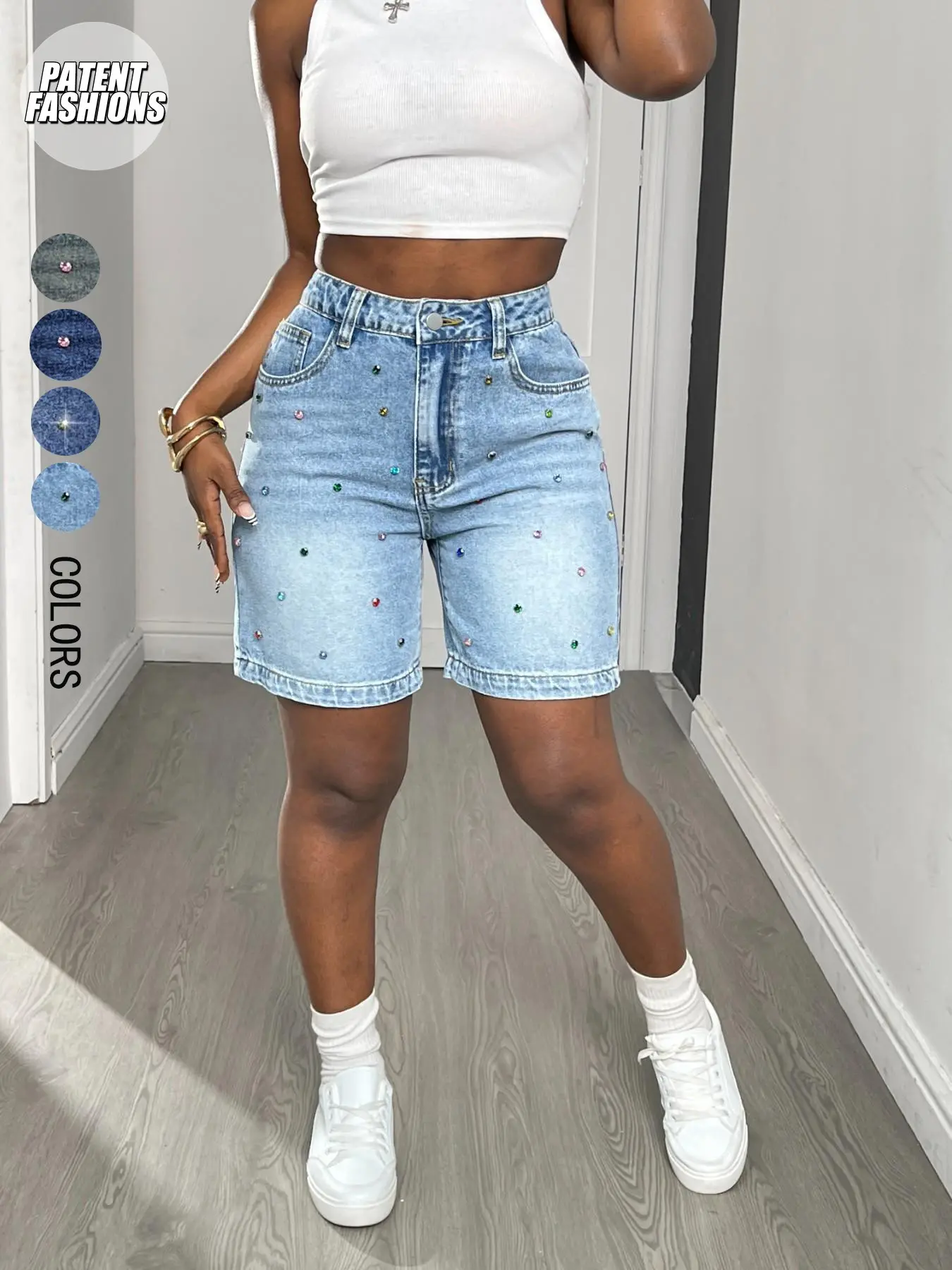 Water Drill Decorated Fitted Light Wash Short Jeans with Button, Women, Summer Casual Wide Leg Denim Jeans, Street Style Fashion Bottoms, Trendy and Stylish, Casual Fashionable Shorts