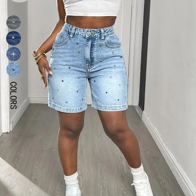 Water Drill Decorated Fitted Light Wash Short Jeans with Button, Women, Summer Casual Wide Leg Denim Jeans, Street Style Fashion Bottoms, Trendy and Stylish, Short Pants