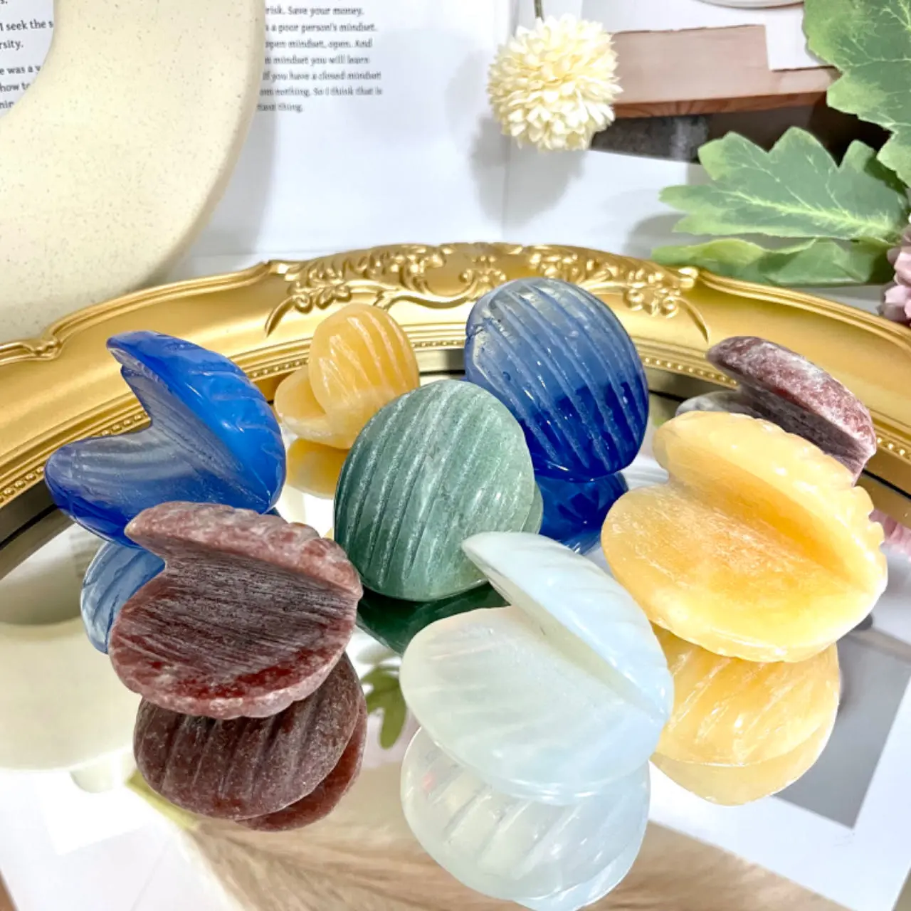 Sea Shell Crystal Stochastic 2 Counts Green Aventurine Red Jasper Yellow Crystal White Quartz Blue Oper From IG Crystal