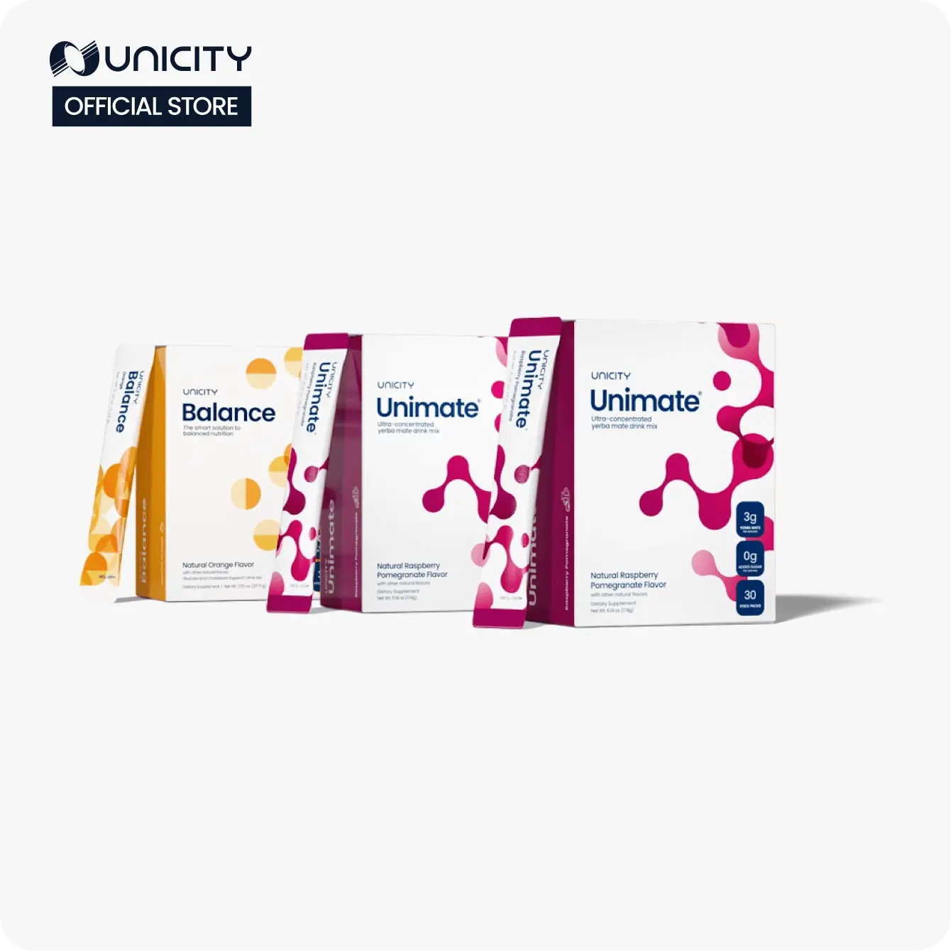 Unicity Feel Great - Raspberry Pomegranate Unimate (2) Orange Balance (1) - 30-day Supply