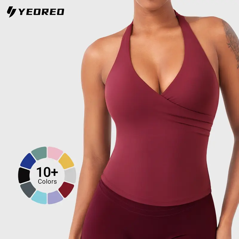 YEOREO Women’s 2-Piece High Stretch Fitted Quick Dry Gym Workout Apparel Set - V-Neck Halter Backless Padded Longline Sports Bra, Flare Leg Yoga Pants for Gym Fits, Yoga, Running