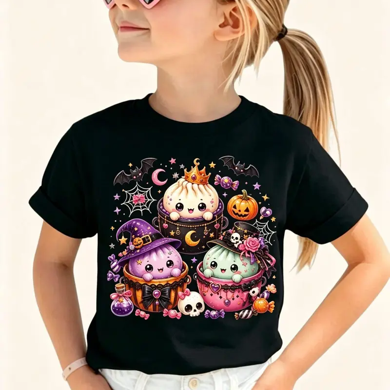 Girls Halloween Spooky Dumpling T shirt Cute Glitter Pumpkin Food Inspired Toddler Tee Funny Holiday Outfit Girls Casual Tee Top