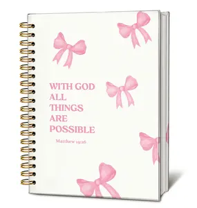Bible Journal for Women, Christian Gifts for Women Girls, Prayer Bible Study Supplies Notebook, Cute Preppy Aesthetic School Supplies, Pink Bow Hardcover Spiral Notebook 5.5 x 8.3