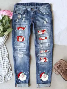 Women's Christmas Fashion Print Denim Jeans Womenswear Boyfriend Casual Fitted Style Washed Distressed Ripped Design Button Elastic Waistband Long  Comfortable Breathable Fabric Perfect Fit Long Pants