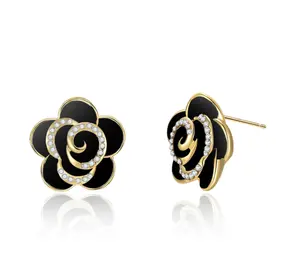 Mytys Camellia Flower Stud Earrings With Black Enamel And Crystal Accents In Gold Tone For Women