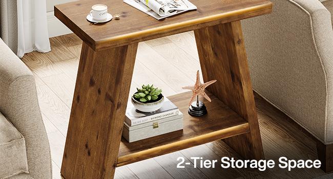 LITTLE TREE Solid Wood End Table for Living Room, Narrow Small Side Table with 2-Tier Storage, Farmhouse Bedside Nightstand for Bedroom, Small Places