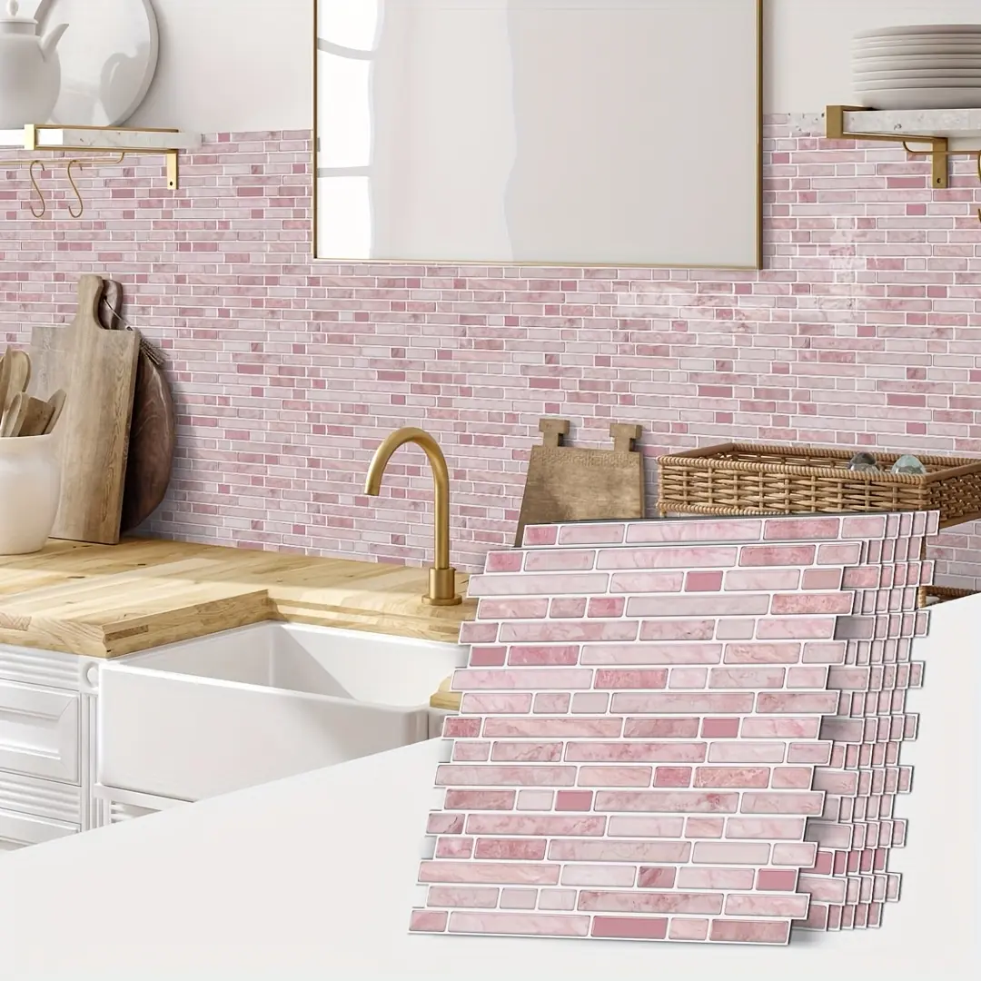 12 pieces pink self-adhesive tiles with marble pattern, 3D self-adhesive wall sticker, PVC heat resistant and easy to install suitable for bathroom and dishwashing area, background wall, DIY home decoration, Marble Backsplash Wallpaper. 12x12 inches