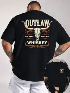 Men's Outlaw Whiskey Western T-Shirt, Double-Sided Print, American Retro Whiskey Graphic Tee, Loose Fit Short Sleeve Top, Vintage Western Culture Design, Casual Streetwear for Enthusiasts, Unique Cowboy Style Shirt