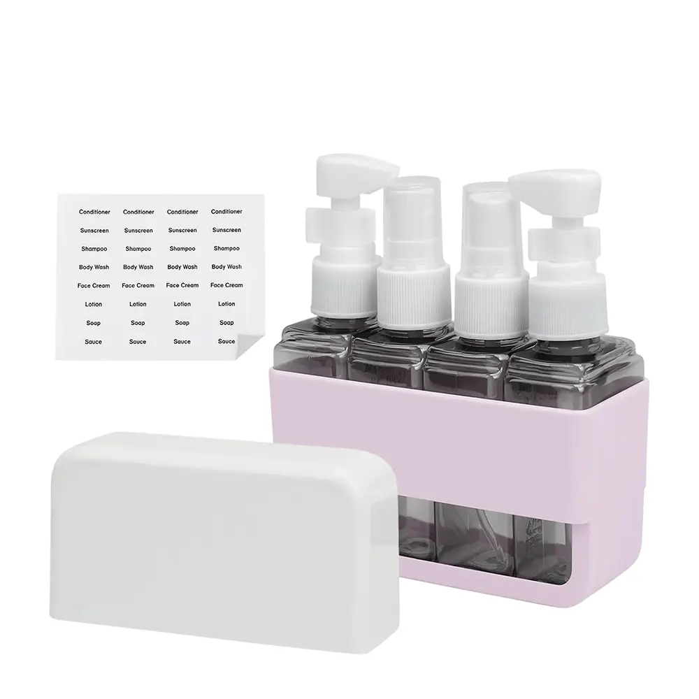 4-Pack Leak-Proof Travel Toiletry Bottles - 50 ml Refillable Beauty Storage Jars for Shampoo & Liquids, Labeled for Easy Identification, Pink Home Organizer for Makeup Cosmetic Storage