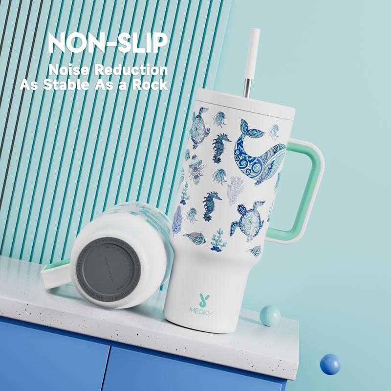 【Latest Style】 - Meoky 40oz Stay Hot Or Cold All DayStainless Steel Thermos Cup, Perfect For Car, Office & Travel, Large Capacity, Trendy Design, Valentine's Day gift Ready Glow-In-The-Dark White Marine Life, Insulated Mug Tumbler With Handle