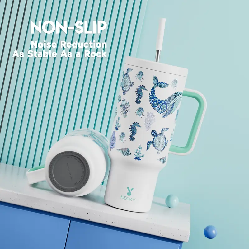 【Latest Style】 - Meoky 40oz Stay Hot Or Cold All DayStainless Steel Thermos Cup, Perfect For Car, Office & Travel, Large Capacity, Trendy Design, Valentine's Day gift Ready Glow-In-The-Dark White Marine Life, Insulated Mug Tumbler With Handle 5