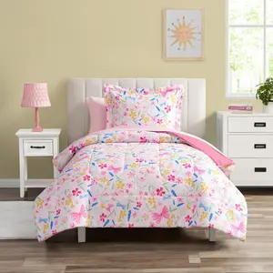 Butterfly Pink Wildflower Bedding Set for Girls, 5 Piece Bedding Set, Includes 1 comforter, 1 sham, 1 pillowcase, 1 flat sheet, and 1 fitted sheet, Twin