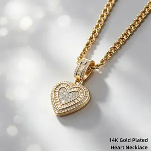 Best-selling 14K gold-plated layered CZ heart pendant necklace, featuring a 60cm twisted rope chain with a 3.5×2cm CZ heart pendant. Sparkling cubic zirconia love charm, hypoallergenic jewelry, the perfect gift for women and girls.