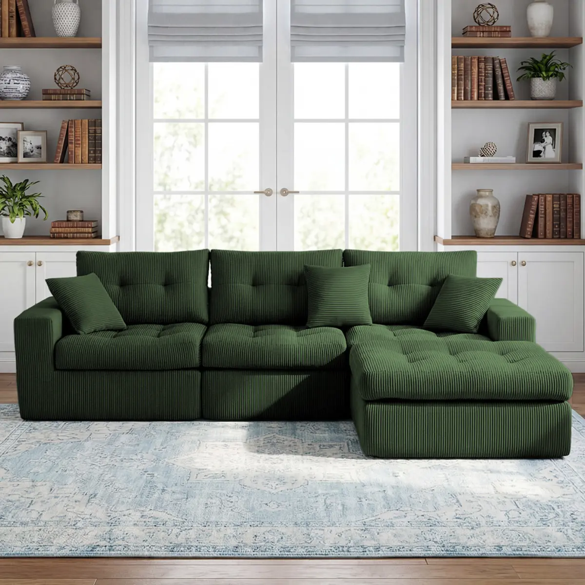 Aobtkel Retro Style Durable Corduroy L-Shaped Corner Chaise Compression Sofa Bed - Comfy Couch with High-Density Sponge, No-Assembly Required Convertible for Living Room, Watch Party, Afternoon Naps (Green) WL RR