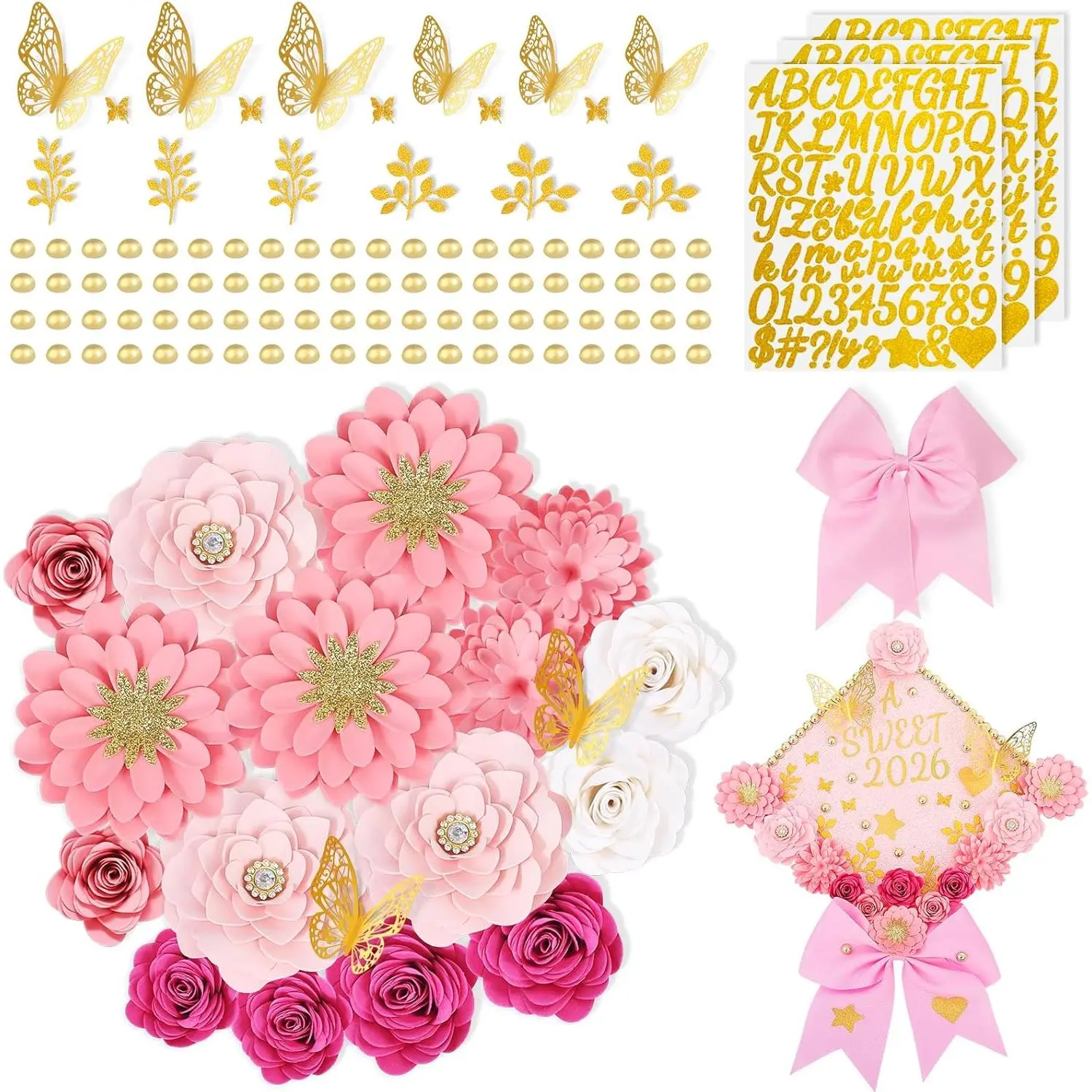 Graduation Cap Decorations Kit 2026-3D Paper Flowers & Gold Butterflies for Grad Cap Topper - DIY Flower Stickers, Glitter Letters & Pearls for Crafts & Shadow Box