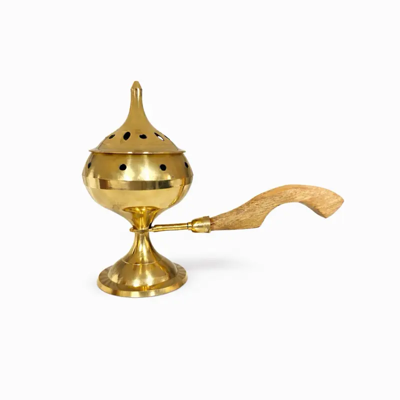 Brass Incense Burner with Wooden Handle - Elegant Design for Aromatherapy and Relaxation