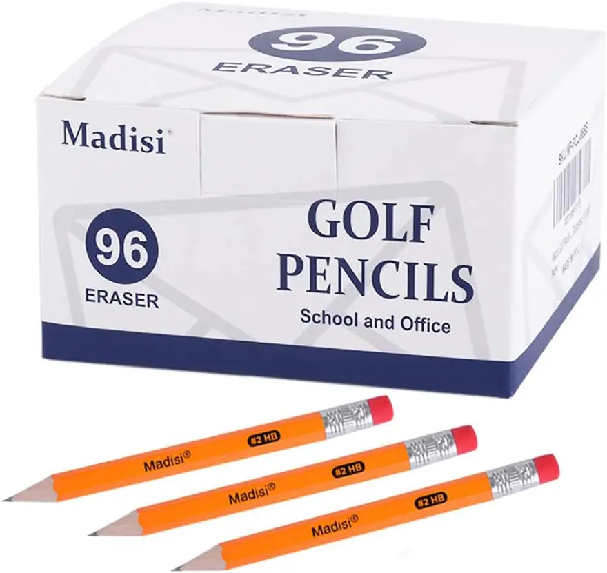 Madisi Bulk Pack Mini Golf Pencils with Built-In Eraser, 96-Count #2 HB Graphite Lead Pre-Sharpened 3.5" Compact Shape Short Half Pencils for Kids - Office Stationery Writing Tool with Quick Correction