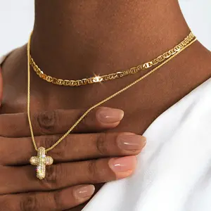 Bubble Cross Necklace for Women 14k Gold Plated Cross Necklace Stackable Dainty Gold Necklace Mariner Chain Necklace CZ Cross Pendant Necklaces Set Simple Jewelry Gift