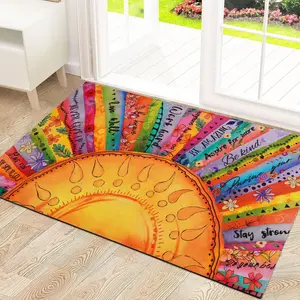 Boho Sun Door Mat Outdoor Indoor, Colorful Floral Welcome Doormat with Inspirational Quotes for Front Door, Entryway, Non Slip Washable Rubber Door Rug, Low Profile, Absorbent