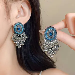 Bohemian Jhumka Earrings, Vintage Oxidized Silver Turquoise Bell Tassel Drop Earrings, Indian Style Ethnic Statement Dangle Earrings for Women Western Festival Party Jewelry Mother's Day gift Graduation Gift 2026