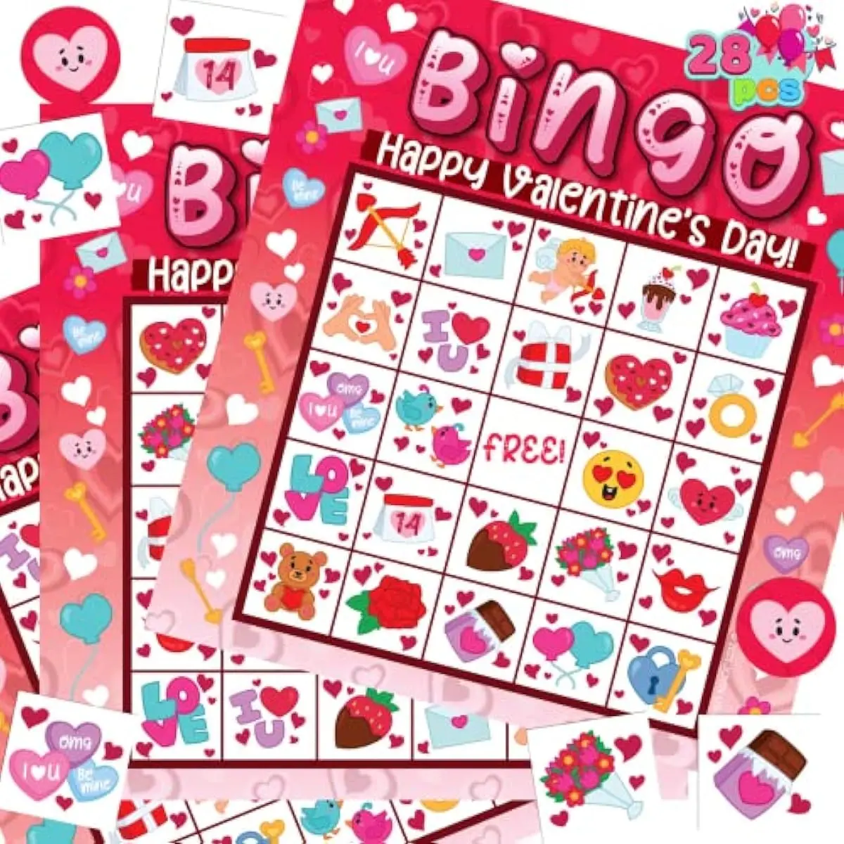 28 Players Valentine's Day Bingo Card for Kids and Adults, for Family/School Classroom Large Group, Party, Treats, Game