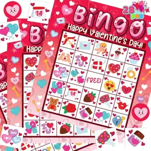 28 Players Valentine's Day Bingo Card for Kids and Adults, for Family/School Classroom Large Group, Party, Treats, Game