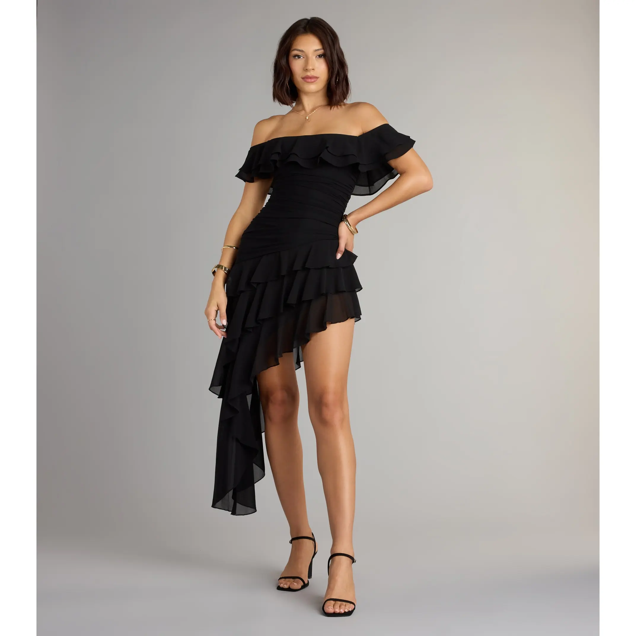 black ruffle mini dress mistress rocks Black Chiffon with Rosette Mini Ruffle Dress