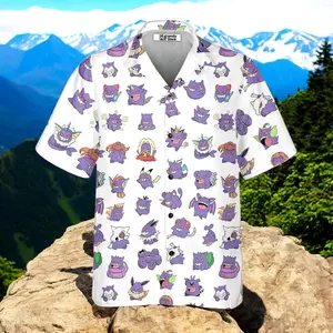 Cute Purple Ghost Monster Hawaiian Shirt, Funny Cartoon Spirit Pattern Aloha Shirt, Playful Anime Style Button Down, Gamer Nerd Vacation Shirt, Unisex Summer Hawaiian Shirt