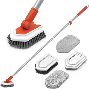 Shower Brush, Tub Tile Scrubber with Telescopic 51 inches Long Handle, 4 Scrub Heads for Baseboard Sink