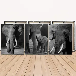 Wooden Framed Canvas Painting, 3 Counts Elephant Family Pattern Wall Art, Modern Wall Art for Living Room  Home Office School Dormitory