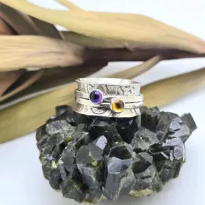 Jen's Jewels Amethyst Citrine and Sterling Silver Spinner Ring, Ring Size 7, Spinner Ring