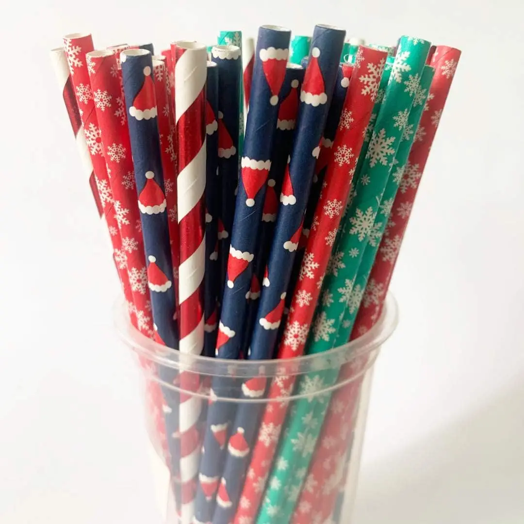 Christmas Paper Straws, Biodegradable Striped Christmas Hat Paper Drinking Straws for Party, Events and Crafts,Baby Shower Decorations 7.75 Inches,100 Packs - Colorful