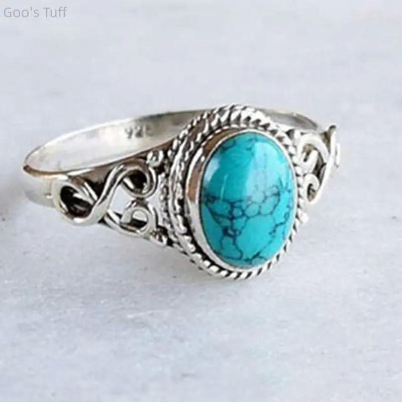 Women ring jewelry turquoise stone band vintage inlaid green turquoise statement ring bestseller European retro finger jewelry classic stone inlay for engagement holiday gift